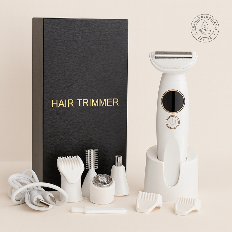 Belluxe™ PCOS facial hair trimmer kit with attachments, charger, and cleaning brush.