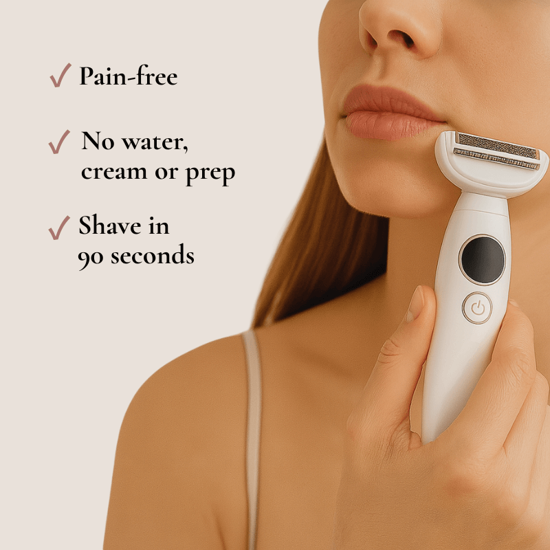 Model demonstrating Belluxe™ hair removal tool for sensitive skin and hormonal chin hair.