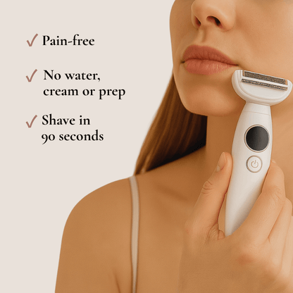 Model demonstrating Belluxe™ hair removal tool for sensitive skin and hormonal chin hair.