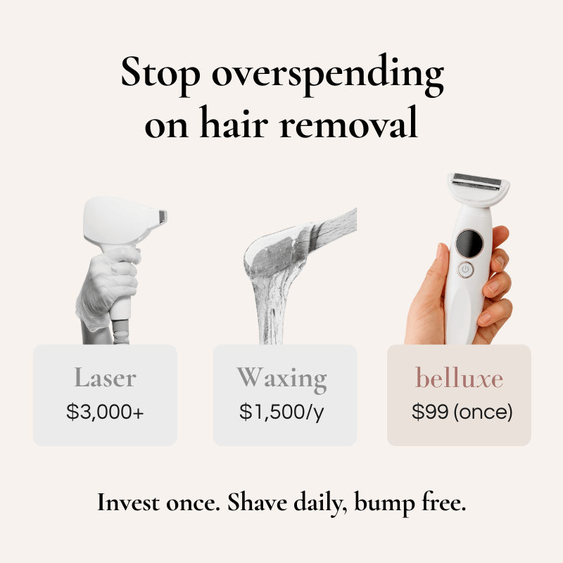 Infographic comparing Belluxe™ PCOS facial hair trimmer with razors, waxing, and laser hair removal — showing Belluxe as safer, more affordable, and irritation-free.