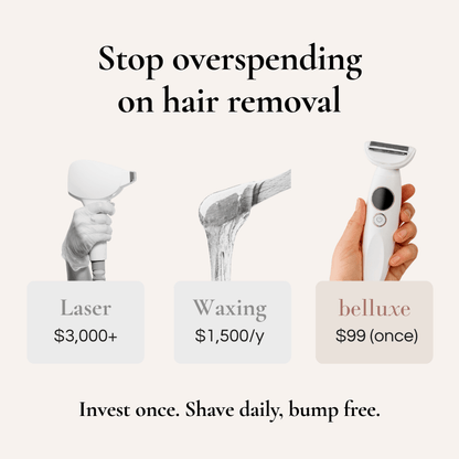 Infographic comparing Belluxe™ PCOS facial hair trimmer with razors, waxing, and laser hair removal — showing Belluxe as safer, more affordable, and irritation-free.
